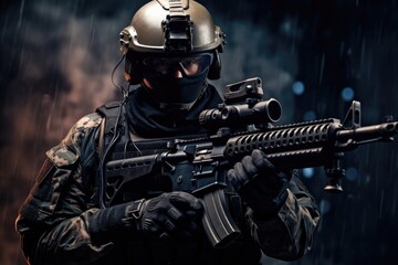 A man wearing a helmet and holding a rifle for protection in a professional setting., Modern army special forces soldier police, swat team member, AI Generated