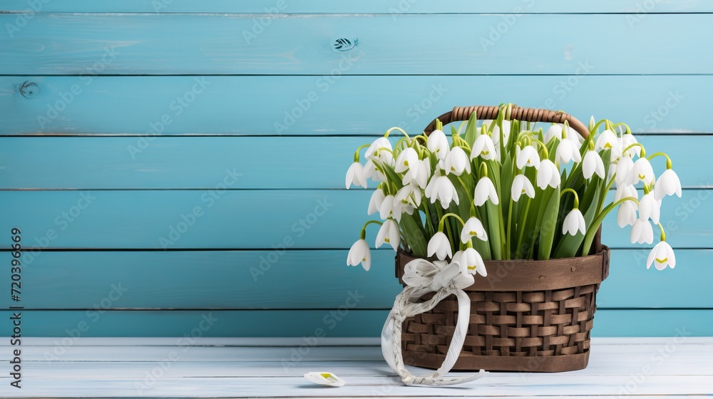 Poster white snowdrops in rustic basket on serene blue spring background with space for text or design.