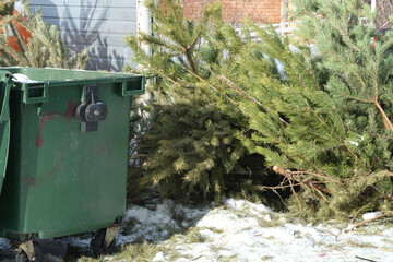 Post holiday, discarded Christmas tree restss near trash cans, its festive spirit now replaced by quiet solitude of the snowy surroundings.