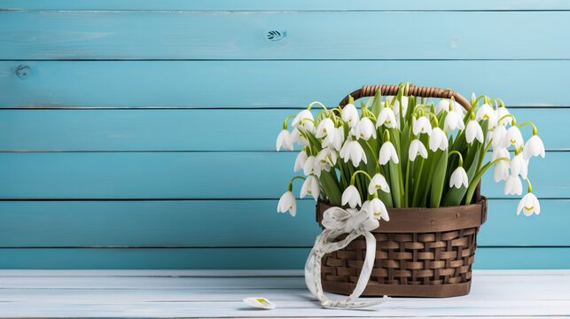 White snowdrops in rustic basket on serene blue spring background with space for text or design.