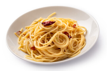 Piatto di deliziosi tipici spaghetti con aglio, olio e peperoncino, tradizionale e semplice ricetta...