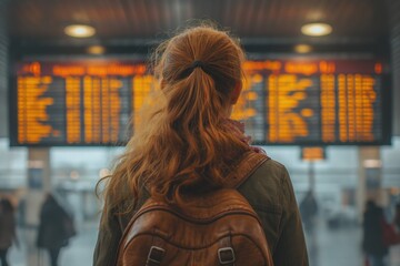 Woman with backpack in front of airport departure and arrival board. Femme de dos avec un sac à dos de voyage devant le tableau des départs et arrivée dans un aéroport.