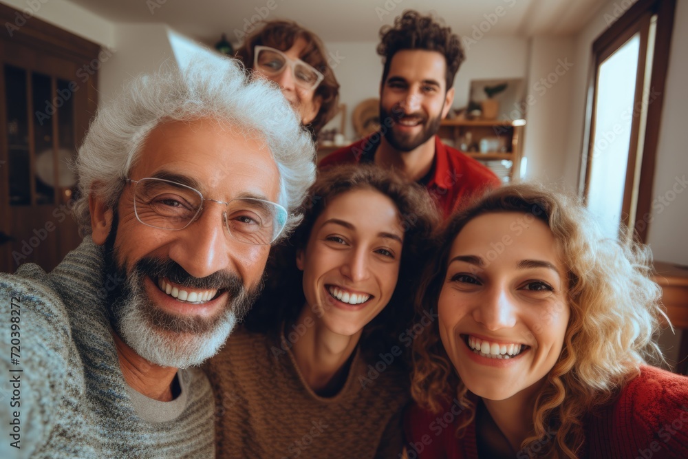 Poster A diverse group of individuals standing side by side, posing for a group photo., Multigenerational family taking a selfie at home in the living room, AI Generated