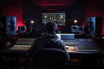 A person seated before a mixing desk working on music production and sound engineering., Music producer working in recording studio, AI Generated