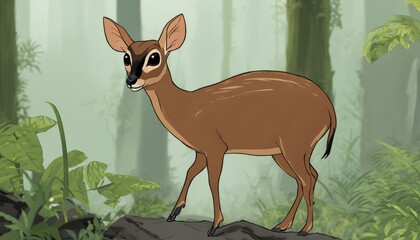 A deer in a forest with trees in the background