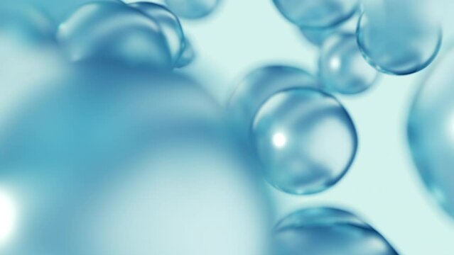 Blue cosmetic serum liquid bubbles macro close-up background. Concept moisturizer essence gel and collagen fluid bubble molecules. Glossy oil droplets 3D animation product demo backdrop wallpaper.