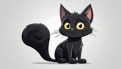 A black cat with yellow eyes and a long tail