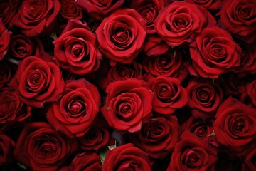 A vibrant bunch of red roses arranged closely together, creating a stunning display of beauty and elegance., Natural fresh red roses flowers pattern wallpaper, AI Generated