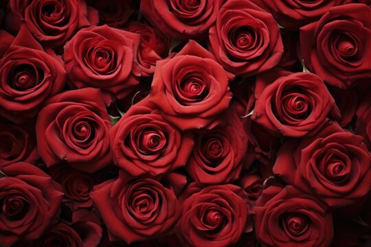 A close-up image showcasing a multitude of stunning red roses, tightly grouped together., Natural fresh red roses flowers pattern wallpaper, AI Generated