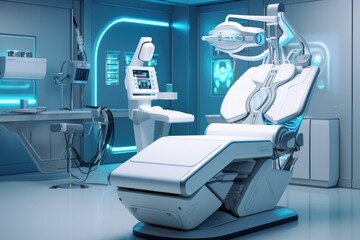 An image depicting a medical room furnished with a chair and essential medical equipment., Neurourgeons are operating with medical robotic surgery machine, AI Generated