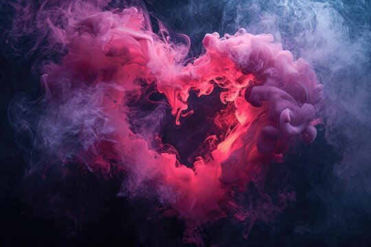 Ablack backdrop with a pink smoke heart shape. Generative Ai.