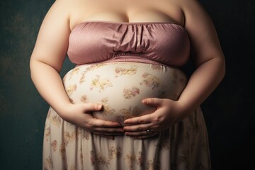A woman elegantly dressed, cradling her belly, shares the joyous news of her pregnancy., Obese woman hand holding excessive belly fat, AI Generated