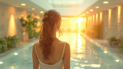 A woman with her back to a swimming pool at a thalassotherapy center. Une femme de dos face à une piscine dans une thalassothérapie.