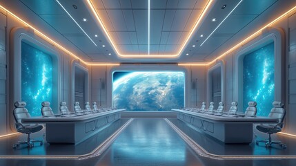 Futuristic meeting room in a spaceship. Salle de réunion futuriste dans un vaisseau spatial. - obrazy, fototapety, plakaty