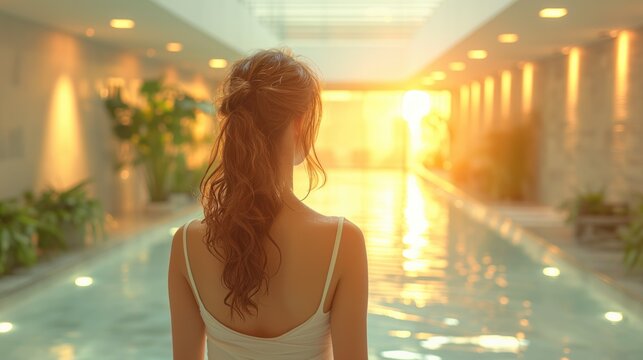 A woman with her back to a swimming pool at a thalassotherapy center. Une femme de dos face &agrave; une piscine dans une thalassoth&eacute;rapie.