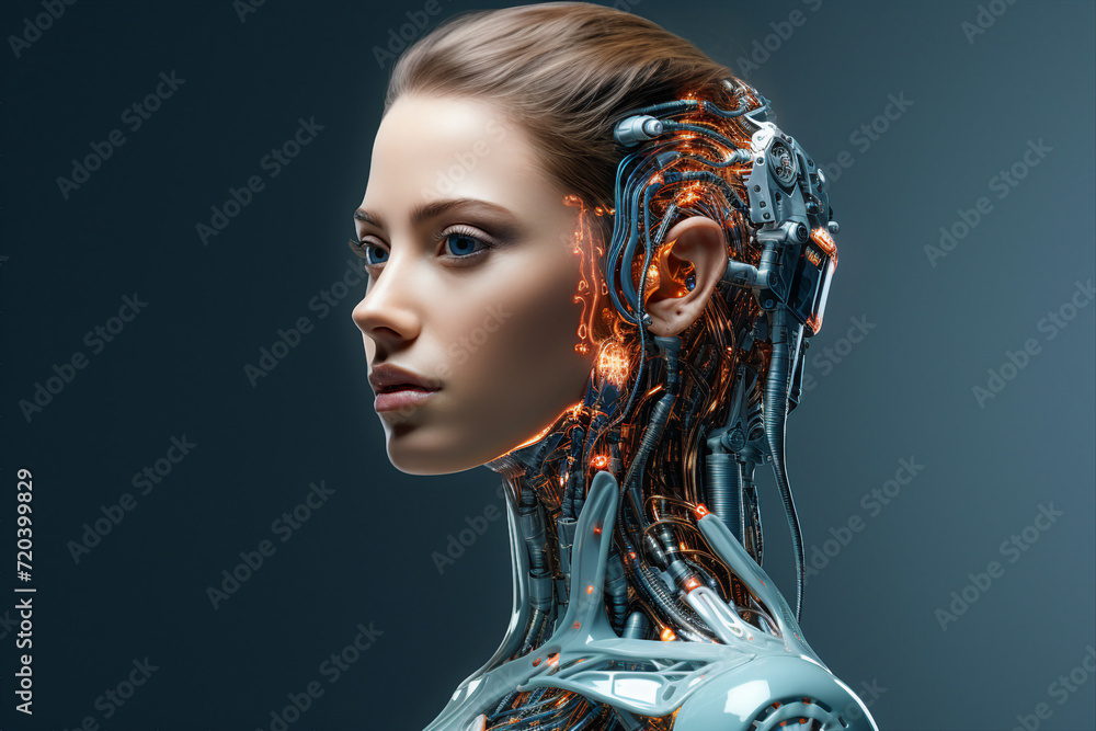 Poster generative ai collage picture future robot girl with artificial intelligence