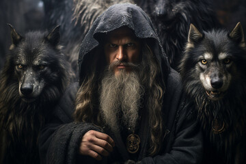 Generative ai collage picture of wise warlock with giant animal wolves spell occult - Powered by Adobe