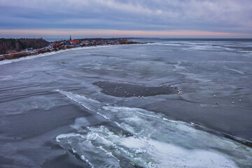 Frozen Bay of Puck near Kuznica at sunset, Hel Peninsula. Poland