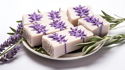 Handmade lavender soap bars with flowers white background
