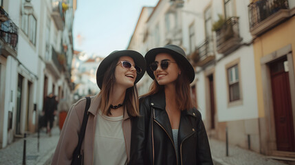 young hipster lesbian couple in old town, generative ai - 720400425