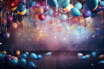A vibrant collection of balloons suspended in the atmosphere, creating a vivid and uplifting scene., Party Background with lights, confetti, balloons and serpentine, AI Generated - obrazy, fototapety, plakaty