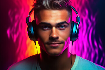 Portrait of a young cheerful person listening to music isolated on vibrant colorful backdrop generative AI
