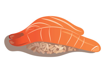 Sushi element of colorful set. In this artwork, the cartoon design of a sushi of salmon takes center stage, highlighting its delicious details and artistic presentation. Vector illustration.