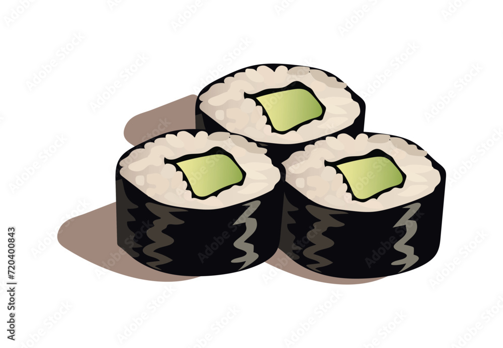 Poster sushi element of colorful set. this artistic representation showcase tasty avocado rolls in a whimsi