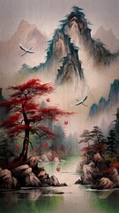 Fototapeta na wymiar Illustration of autumn landscape using oil painting design.