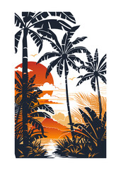 Tropical vector vertical poster in black and orange colors on a white background. Clouds, palm trees, river, sunset, banana leaves and flying birds. Cartoon style, primitivism, minimalism. - 720401066