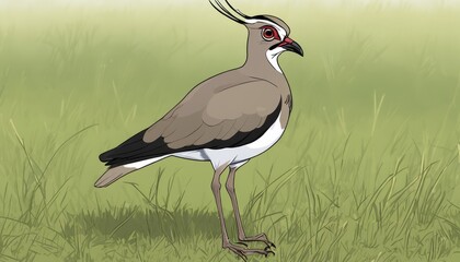 A bird with a red eye stands in a grassy field