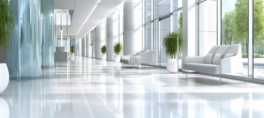 Stunning blurred background of bright and contemporary office interior with floor to ceiling windows