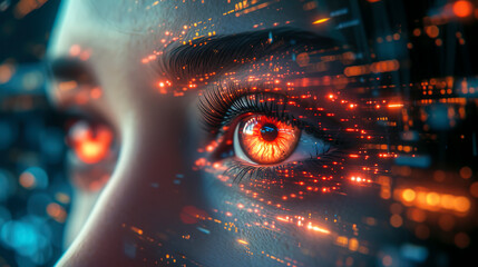 Fototapeta na wymiar Fiery Gaze: Intimate Portrait of a Human Eye created with Generative AI technology