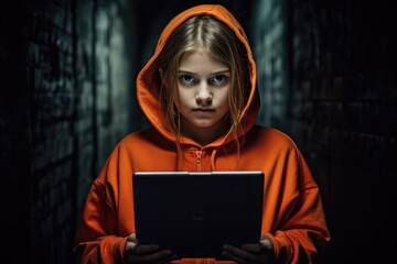 A young girl wearing an orange hoodie holding a laptop with a focused expression., Photo of girl wearing orange t shirt holding new computer, AI Generated