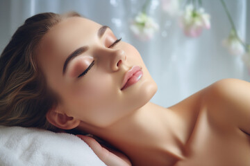 Naklejka premium Lovely dreamy peaceful woman enjoying spa meditation generative AI