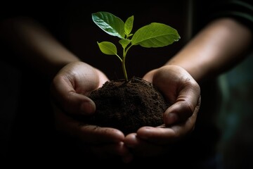 This image captures a person gently grasping a plant in their hands, symbolizing the deep bond between humans and the natural world, Plant in Hands, Ecology concept, Nature Background, AI Generated