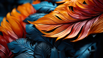 Smoth Colorful Autumn Tropical Leafs of a Dark Black Background 
