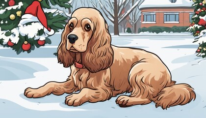 A brown dog with a red collar sitting in the snow