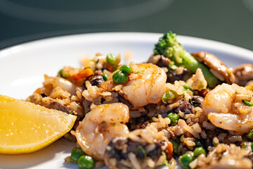 A white plate adorned with a serving of fried rice containing shrimp, sweet peas, and mushrooms, topped with a lemon slice as garnish.
