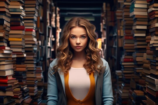 An image of a woman standing in front of a vast assortment of books, surrounded by knowledge and stories, portrait of a beautiful girl among the huge stacks of books in the library, AI Generated
