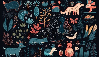 cute animals with modern colorful tropical floral pattern background. Hand drawn illustration, Generative ai