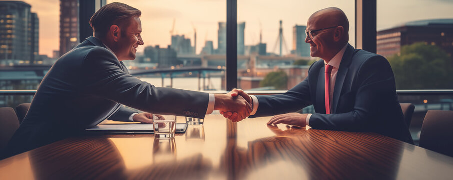 Businessmen Shaking Hands In Office With Big Windows And View On The Business City.