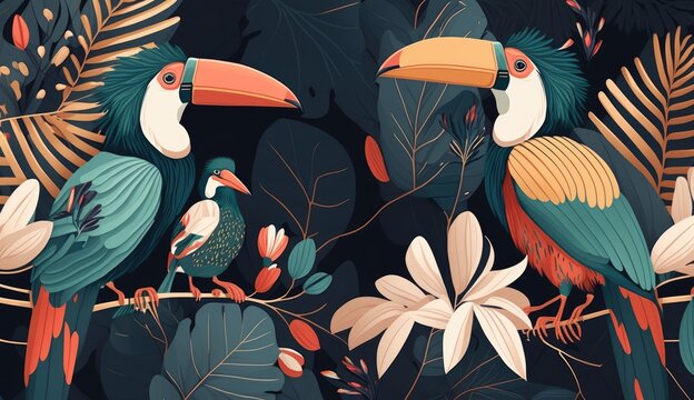 cute hornbill animals with modern colorful tropical floral pattern background. Hand drawn illustration, Generative ai
