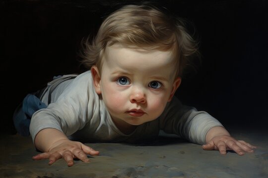 A captivating painting showcasing a baby peacefully resting on the ground, Portrait of a crawling baby, AI Generated