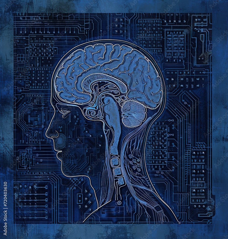 Poster integrating human intelligence and artificial technology: a conceptual artwork illustrating the fusi
