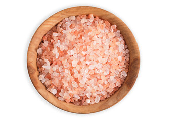 Wooden cup with pink Himalayan salt on white background, top view.