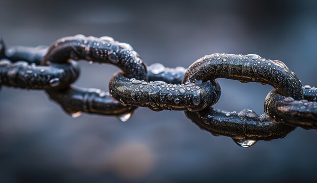 Close-up of weathered chain links covered with rust and dew, illuminated by soft light