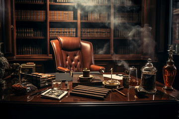 A glass of cognac with ice and cigar on a wooden table retro office made with generative AI - obrazy, fototapety, plakaty