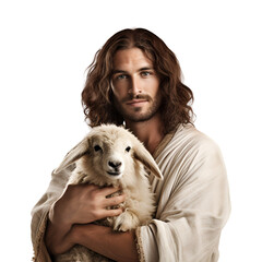 Religion and Faith in Christianity: Jesus Christ Holds a Lost Sheep, Isolated on Transparent Background, PNG