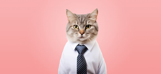 A cat in a white shirt and tie, an animal in human clothes